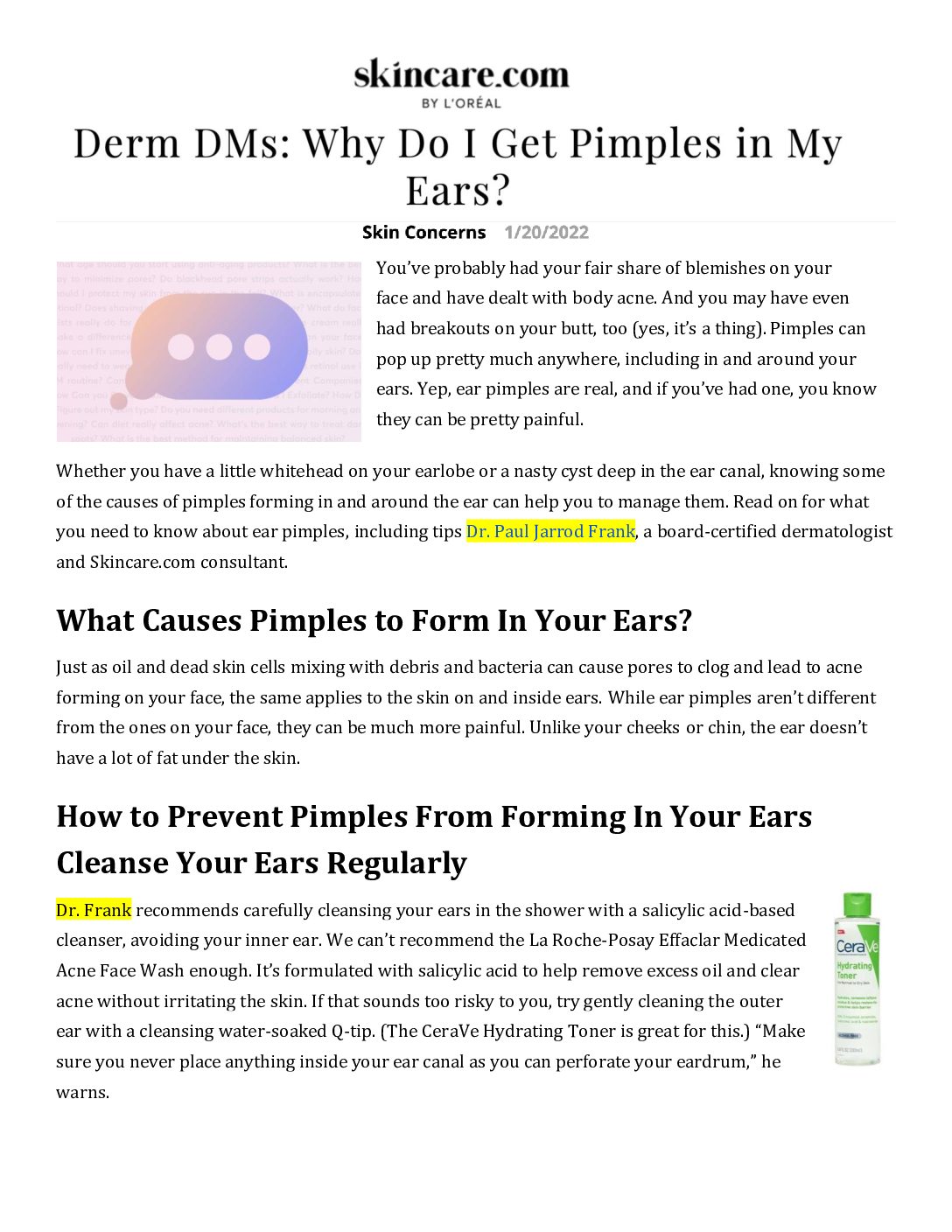 Dr. Paul Jarrod Frank featured in, “Derm DMs: Why Do I Get Pimples in My Ears?”