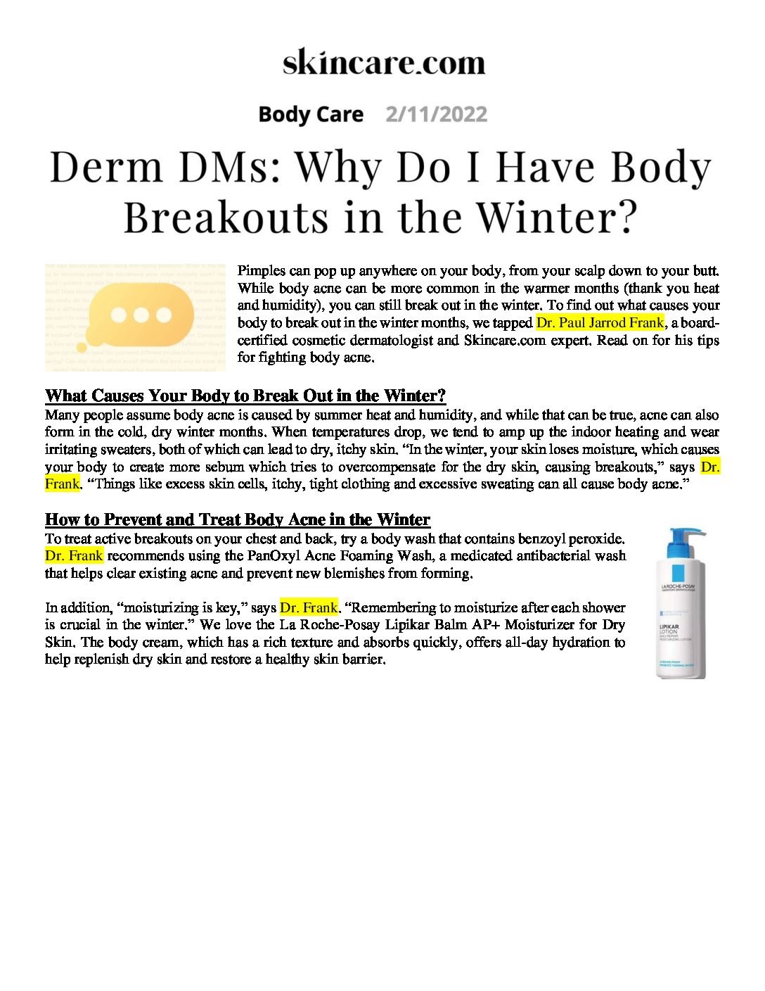 Dr. Paul Jarrod Frank featured in, “Derm DMs: Why Do I Have Body Breakouts in the Winter?”